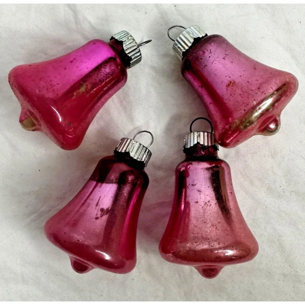 VTG Shiny Brite Glass Bell Christmas Ornaments Pink Set 4
